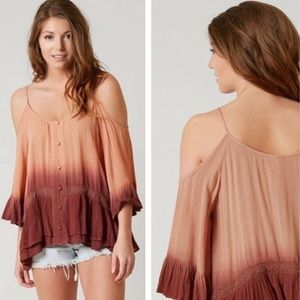 gimmicks by BKE Ombre Cold-Shoulder Blouse in Peach to Burgundy